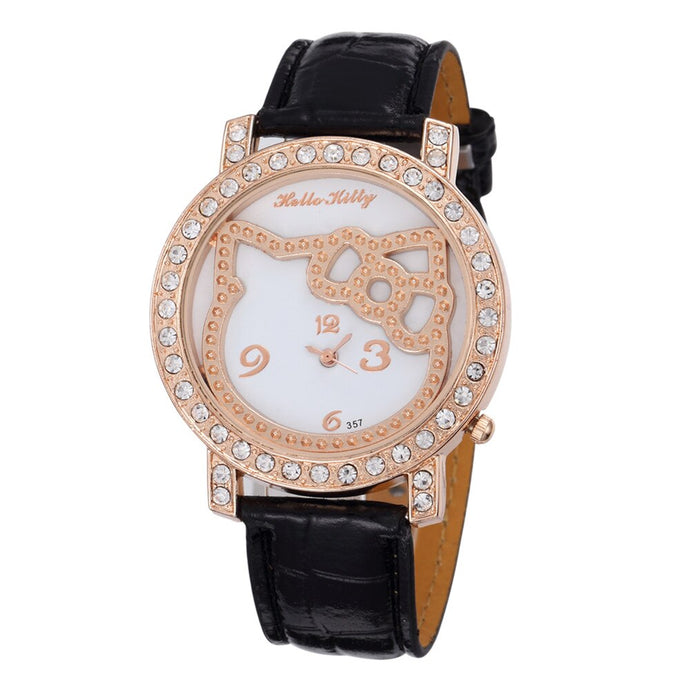 New Design Crystal Hello Kitty Watch Ladies Fashion Casual Leather Strap Watch Cute Kitty Quartz Bracelet Clock  Drop Shipping
