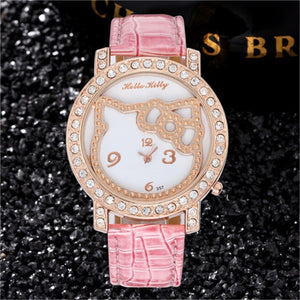 New Design Crystal Hello Kitty Watch Ladies Fashion Casual Leather Strap Watch Cute Kitty Quartz Bracelet Clock  Drop Shipping